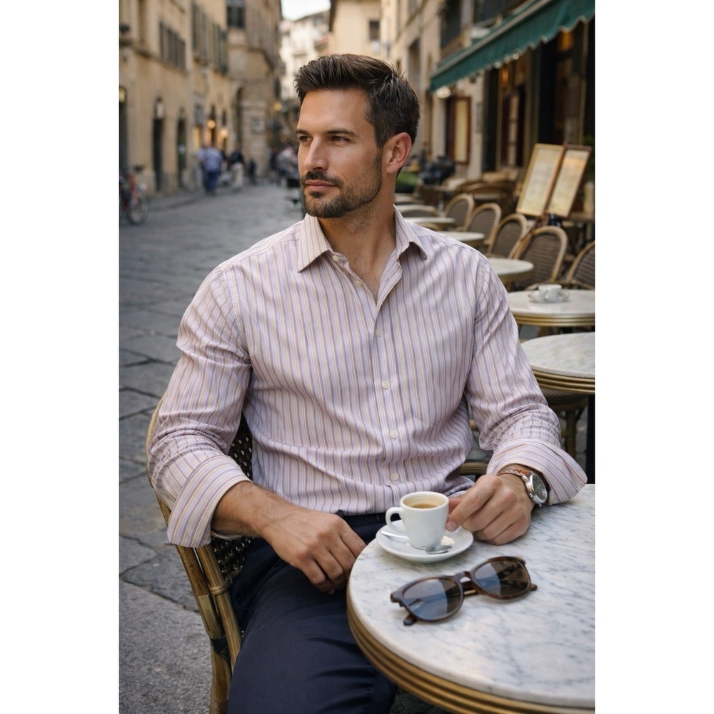 Poggiani 1958 Italy Striped Dress Shirt 16 Lavender Beige Cotton Italian Classic - Picture 2 of 11
